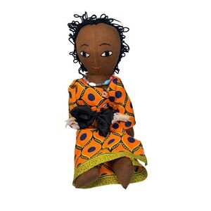 VTG Handmade African Folk Art Cloth Doll Orange Geometric Dress Beaded Necklace